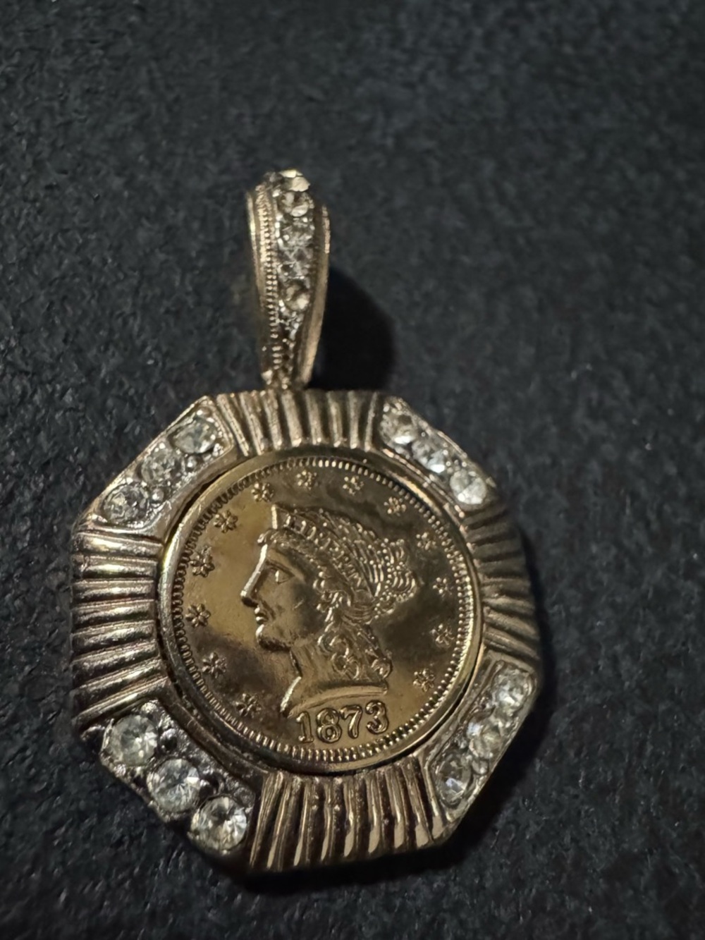 Gold-Tone Coin Pendant Necklace with Clear Crystals - Unbranded